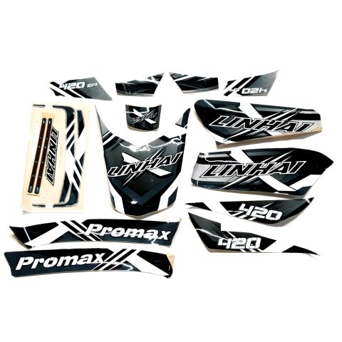 STICKER SET FOR ATV420 PROMAX (LINHAI BRAND FOR FINLAND) (USED FOR SAND, GREY AND RED PLASTIC PARTS)